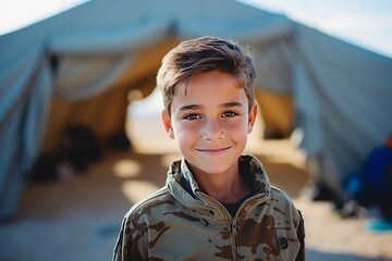 Portrait of a smiling boy standing in front of a tent outdoors