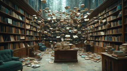 Books falling in a grand library; chaos and knowledge.