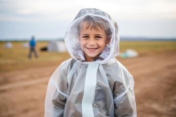 Portrait of a cute little boy in raincoat on the field