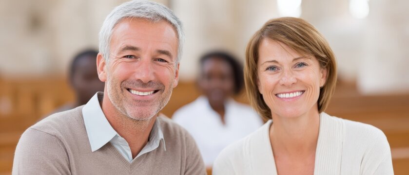 Mature couple smiling, two people in audience, leadership, business strategy, teamwork, positive attitude