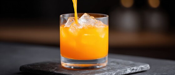 Orange juice being poured into glass with ice on counter at bar, refreshment drink