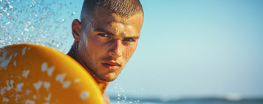Portrait of a joyful man carrying a windsurf board, water droplets on his windsurf suit