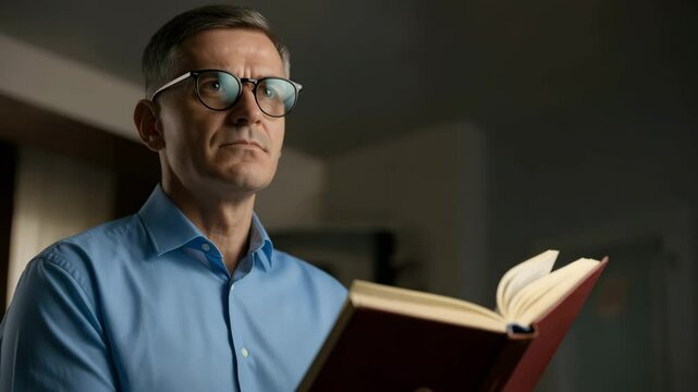 Reflective man deep in thought reading a book in low light setting