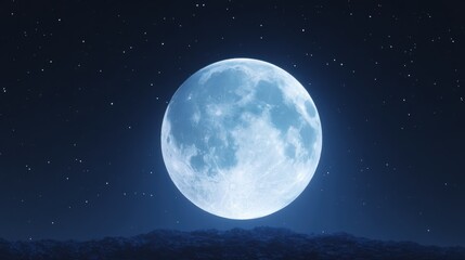 Obraz premium Glowing Blue Full Moon Over a Dark Landscape With Starry Night Sky Backdrop