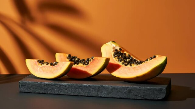 Papaya slices cast artistic shadows on a vibrant background