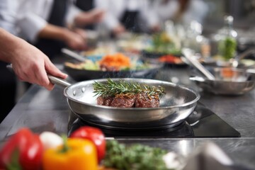 Chef skillfully searing meat with fresh herbs in a busy restaurant kitchen, vibrant ingredients nearby