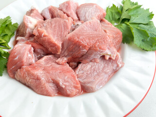 Fresh red meat strips on a white plate with celery leaves