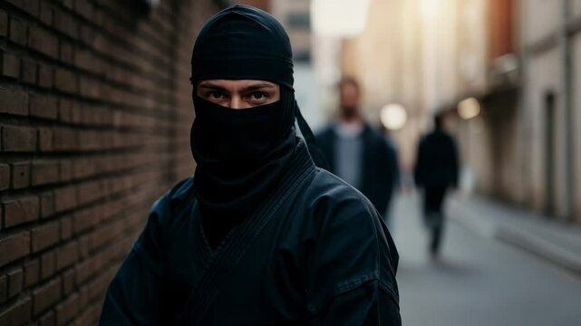 Mysterious ninja observes urban alley as people approach from the background