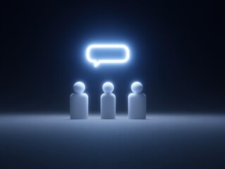 Three people communicating with glowing speech bubble, sharing ideas and thoughts
