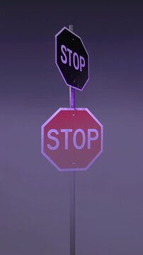 Double Stop Sign in Fog: Two stop signs, one black and one red, stand tall amidst a misty purple atmosphere, conveying a sense of caution and mystery.