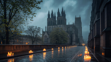 Obraz premium Candlelit Path to a Majestic Cathedral Under a Moody Sky on a Rainy Evening in a European City
