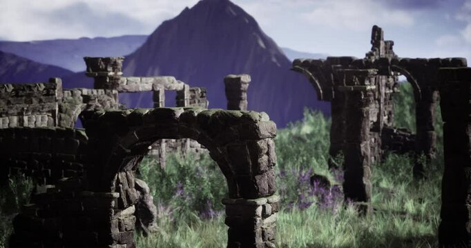 The remnants of ancient stone structures stand proudly amid vibrant green grass, hinting at a once thriving civilization, against a backdrop of rolling mountains and dramatic clouds.