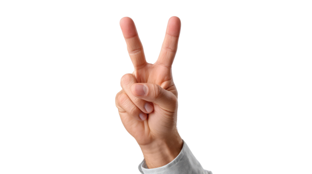 Victory Hand Gesture: A close-up shot of a hand displaying the victory sign, symbolizing success, peace, or second place.