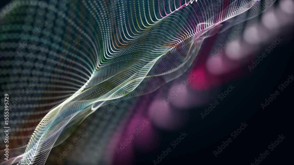 Poster fantastic video animation with particle wave object in slow motion, 4096x2304 loop 4k