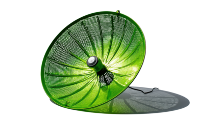 Green Solar Satellite Dish: A vibrant green solar satellite dish, reflecting the sun's energy, stands against a clean background, showcasing sustainable technology and innovation.
