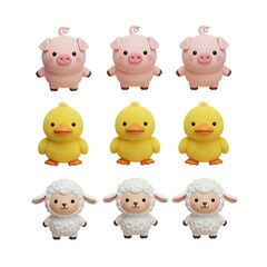 Adorable farm animals in a grid pattern: pigs, ducklings, and lambs, perfect for a children's theme. Each animal is brightly colored and charmingly detailed.