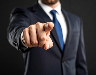 Businessman pointing at virtual screen. Concept of digital interaction, touch technology, presentation, command. Finger focus, dark background