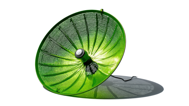 Green Solar Satellite Dish: A vibrant green solar satellite dish, reflecting the sun's energy, stands against a clean background, showcasing sustainable technology and innovation.