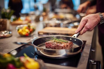 A chef skillfully sears a steak in a modern kitchen, surrounded by fresh ingredients and cooking tools