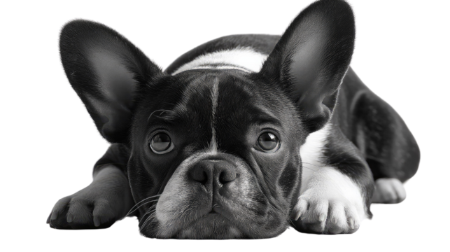 French Bulldog's Appealing Gaze: A charming black and white French Bulldog rests gracefully, captivating viewers with its adorable face and earnest expression, it’s a portrait of canine beauty.