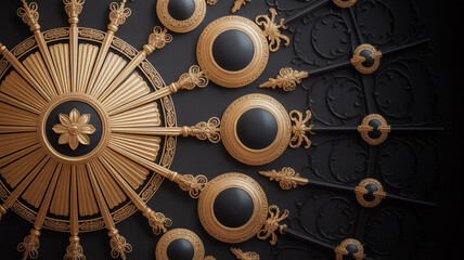 Elaborate Black and Gold Ornamental Design Featuring Circular Motifs and Floral Accents Evoking a Sense of Luxury and Sophistication