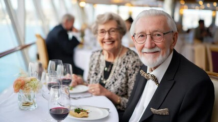 Elegant senior couple smiling and enjoying gourmet dining on cruise ship and at upscale restaurant, dressed in formal attire with wine, creating joyful, sophisticated, and elegant atmosphere - Powered by Adobe