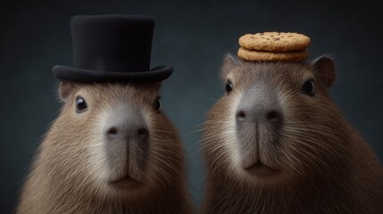 Two capybaras, one with top hat, one with cookies. Cute animal portraits.