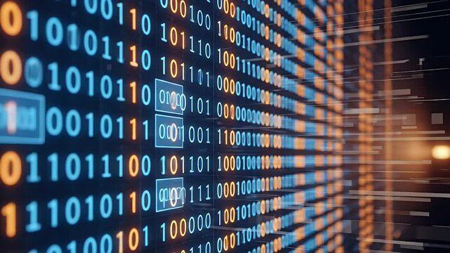 Digital binary code on a dark background