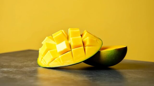 Freshly sliced mango on dark surface against vibrant yellow background