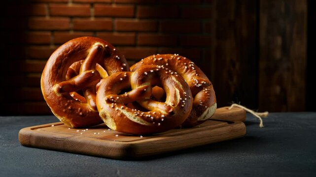 Freshly baked pretzels cooling on rustic wooden board with brick background