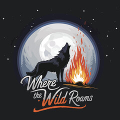 Where the Wild Roams: Wolf and Bonfire Under Starry Night, Lone Wolf T-shirt Vector Design

