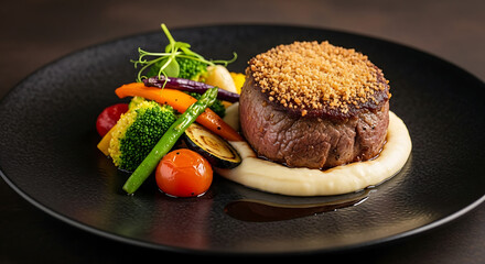 Seared Filet Mignon with Roasted Vegetables and Creamy Mashed Potatoes
