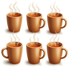 Obraz premium Six steaming mugs of hot beverage, presented in a row, perfect for illustrating warmth and comfort.&nbsp;