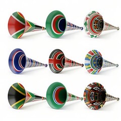 Nine colorful Vuvuzelas aligned in a row