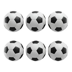 Six footballs neatly arranged, ready for action and play. The soccer balls, with their classic black and white pentagonal design, are perfectly round and isolated