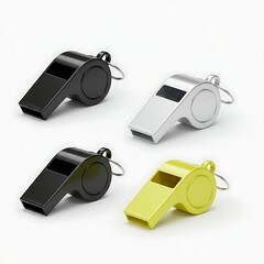 Four whistles of different color are laying on surface with ring to connect it to other object
