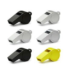 An array of whistles in varying colors against an uncluttered backdrop, ready to be used.
