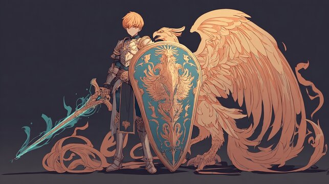 Armored knight with golden eagle and magical sword in ornate illustration - Powered by Adobe