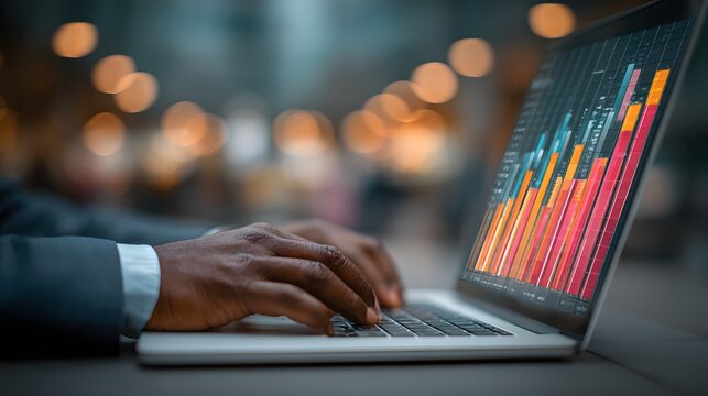 Financial Analysis on the Go: Laptop with Charts in Public Setting - Powered by Adobe