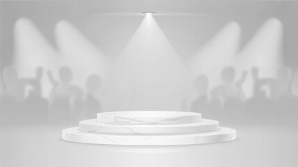 Fototapeta premium Three tiered marble podium under spotlight with blurred audience background