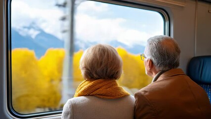 Elderly couple enjoying scenic autumn landscape with golden trees and mountains through train window, peaceful and relaxed travel experience, cozy atmosphere, gazing out vibrant yellow trees - Powered by Adobe