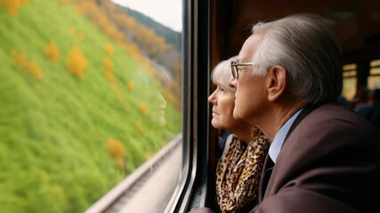 Elderly couple travel by train, gazing through window autumn nature landscape, reflection of adventure and relaxation, together enjoying scenic countryside, peaceful journey, happiness, mature - Powered by Adobe