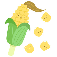 かわいいトウモロコシ　キャラクター　葉と髭付き　粒　夏野菜　ベクターイラスト