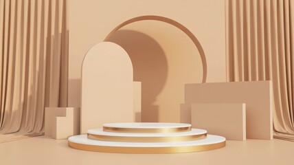 Minimalist beige stage with tiered podium and draped curtains for product display