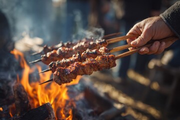 A person holding skewers of grilled meat over an open fire at a lively outdoor gathering