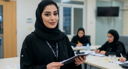 Confident Emirati businesswoman holds documents, leading a team meeting.