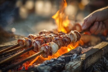 Grilling skewers of meat over an open flame at a campsite during sunset, with friends enjoying the outdoors