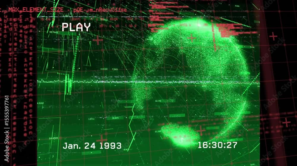 Poster timestamp incrementing causing data cluster forming sphere and red code fading grid for diagnostics