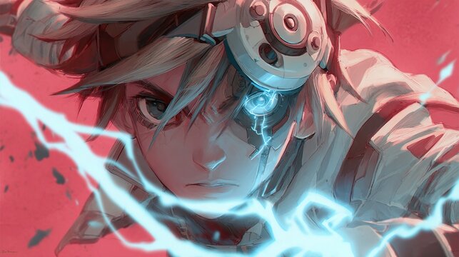 Close-up portrait of a determined, cybernetically enhanced young man with blond hair, a stern expression, and a glowing blue energy arc emanating from his hand against a red backdrop
