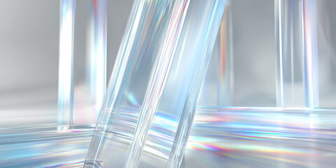 Abstract crystal prisms refracting light beams in modern architectural design